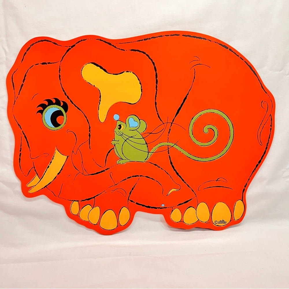Vintage Orange Elephant & Mouse Vinyl Table Placemat Mid Century Stotter Kids